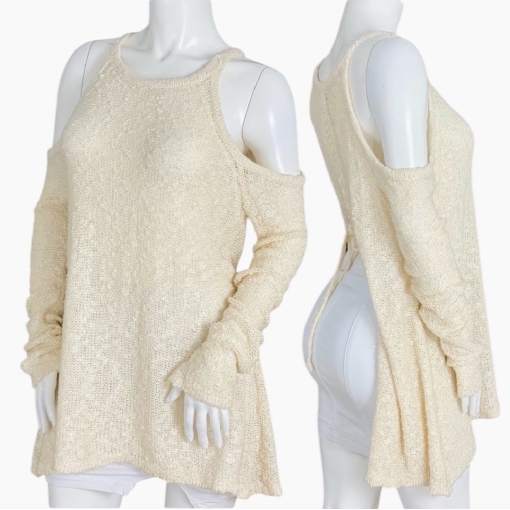 She & Sky | Open Split Lace Up Backside Popcorn‎ Knit Cold Shoulder Sweater - Picture 11 of 11